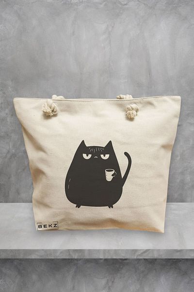 BEKZ Geanta de plaja, model Caffeine Cat 29, 40x51 cm, Crem, BEKZ®