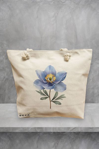BEKZ Geanta de plaja, model Blue Flower, 40x51 cm, Crem, BEKZ®
