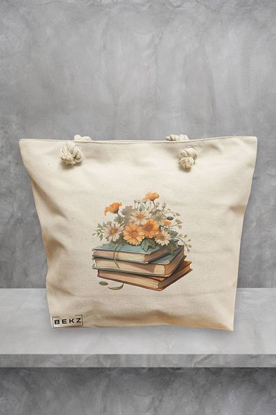BEKZ Geanta de plaja, model Books and flowers 11, 40x51 cm, Crem, BEKZ®