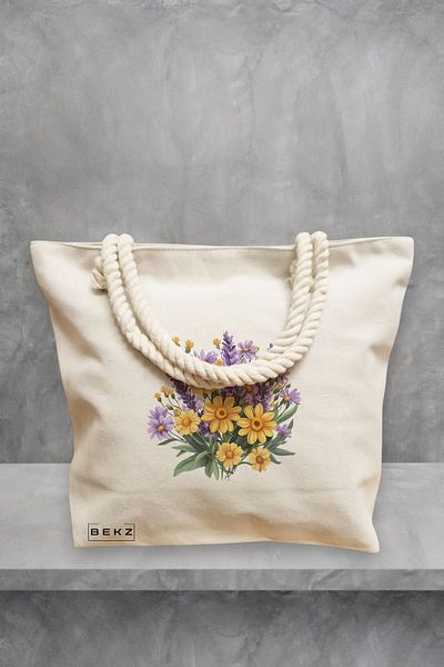 BEKZ Geanta de plaja, model Flowers 14, 40x51 cm, Crem, BEKZ®