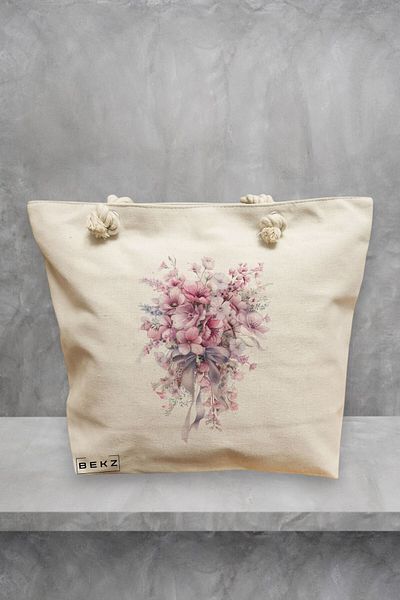 BEKZ Geanta de plaja, model Flowers 3, 40x51 cm, Crem, BEKZ®