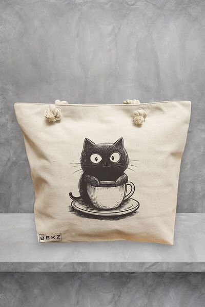 BEKZ Geanta de plaja, model Caffeine Cat 12, 40x51 cm, Crem, BEKZ®