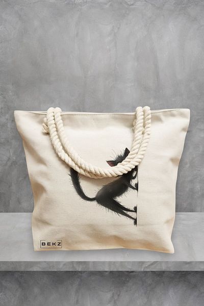 BEKZ Geanta de plaja, model What a cat, 40x51 cm, Crem, BEKZ®