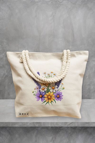 BEKZ Geanta de plaja, model Flowers 15, 40x51 cm, Crem, BEKZ®