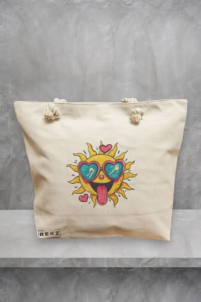 BEKZ Geanta de plaja, model Sun faces 14, 40x51 cm, Crem, BEKZ®