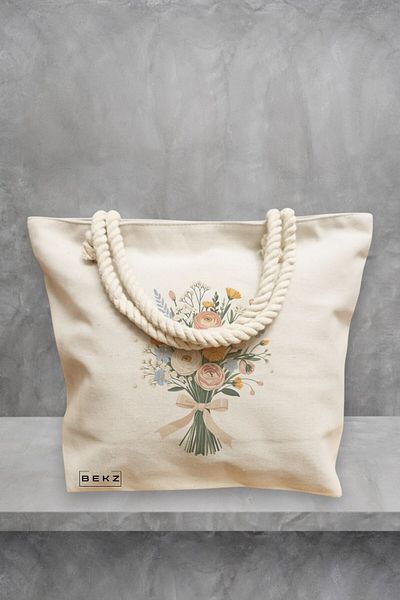 BEKZ Geanta de plaja, model Flowers 22, 40x51 cm, Crem, BEKZ®