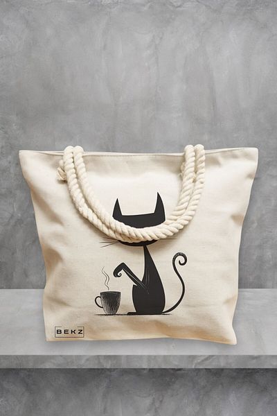 BEKZ Geanta de plaja, model Caffeine Cat 2, 40x51 cm, Crem, BEKZ®