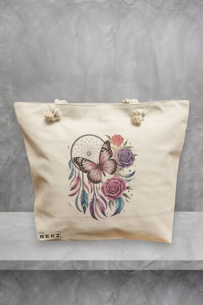 BEKZ Τσάντα θαλάσσης, σχέδιο Λουλούδια και Πεταλούδα, 40x51 εκ., Κρεμ, BEKZ®