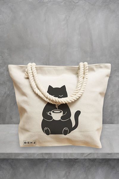 BEKZ Geanta de plaja, model Caffeine Cat 9, 40x51 cm, Crem, BEKZ®