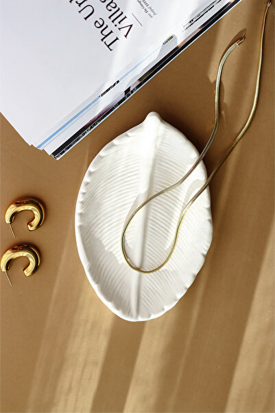 KARA TEKE COLLECTIONS Stylish, Jewelry Organizer, Decorative Concrete Leaf Patterned Plate, Gift (Beige - Off White)