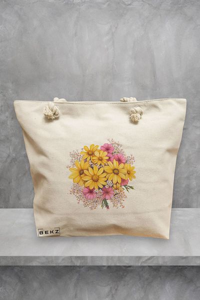 BEKZ Geanta de plaja, model Flowers 18, 40x51 cm, Crem, BEKZ®
