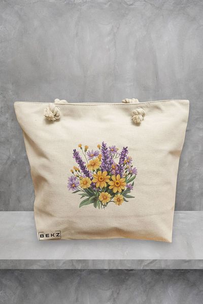 BEKZ Geanta de plaja, model Flowers 14, 40x51 cm, Crem, BEKZ®