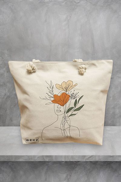 BEKZ Geanta de plaja, Flower Lady 3, 40x51 cm, Crem, BEKZ®