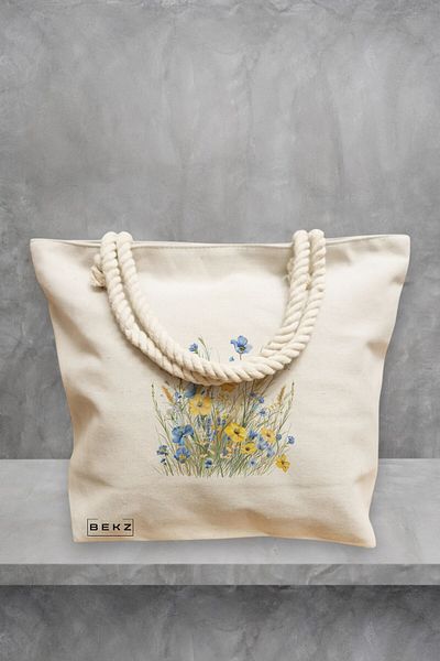 BEKZ Geanta de plaja, model Flowers 9, 40x51 cm, Crem, BEKZ®