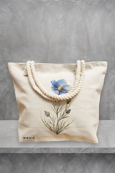 BEKZ Geanta de plaja, model Blue Flower 3, 40x51 cm, Crem, BEKZ®
