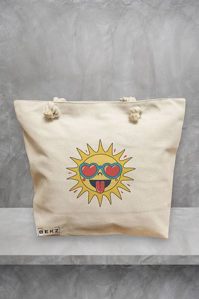 BEKZ Geanta de plaja, model Sun faces 13, 40x51 cm, Crem, BEKZ®