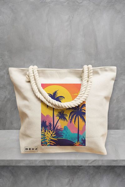 BEKZ Geanta de plaja, model Tropical Sunset, 40x51 cm, Crem, BEKZ®