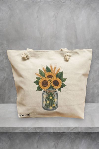 BEKZ Geanta de plaja, model Sunflowers 2, 40x51 cm, Crem, BEKZ®