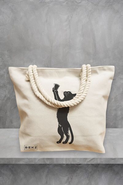BEKZ Geanta de plaja, model Caffeine Cat 7, 40x51 cm, Crem, BEKZ®