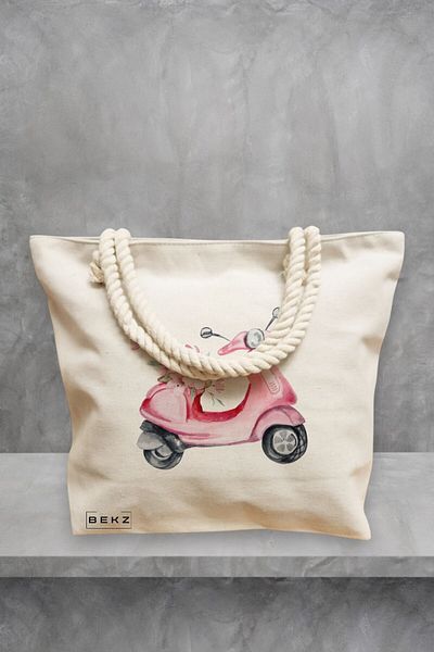 BEKZ Geanta de plaja, model Rose flower Bike, 40x51 cm, Crem, BEKZ®