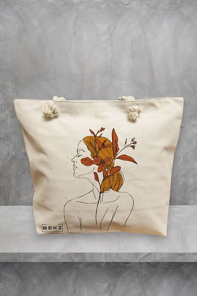 BEKZ Geanta de plaja, Flower Lady 17, 40x51 cm, Crem, BEKZ®