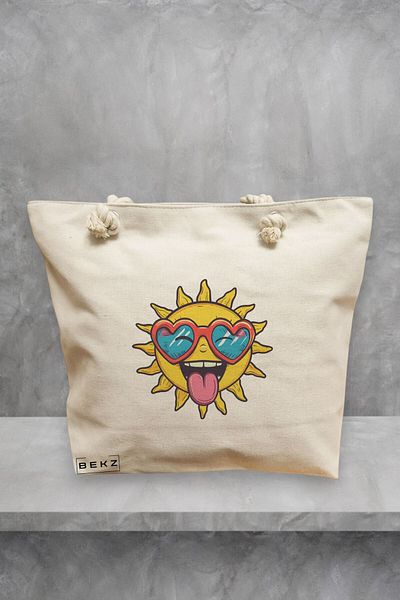 BEKZ Geanta de plaja, model Sun faces 1, 40x51 cm, Crem, BEKZ®