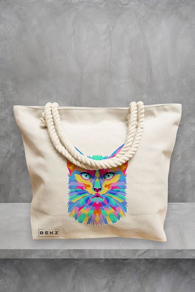 BEKZ Geanta de plaja, model Colorful Geometric Cat, 40x51 cm, Crem, BEKZ®