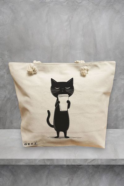 BEKZ Geanta de plaja, model Caffeine Cat 8, 40x51 cm, Crem, BEKZ®