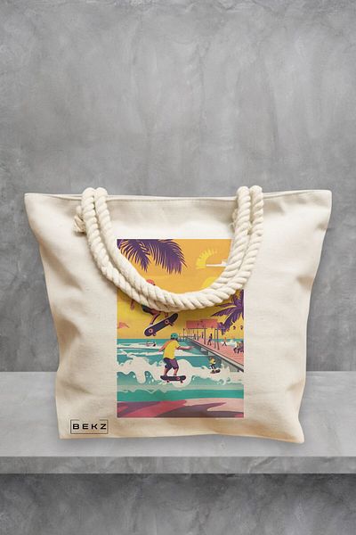 BEKZ Geanta de plaja, model Tropical Sunset 3, 40x51 cm, Crem, BEKZ®