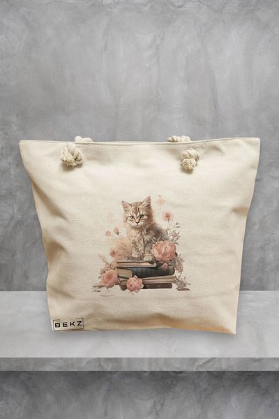 BEKZ Geanta de plaja, model Reading cat 11, 40x51 cm, Crem, BEKZ®