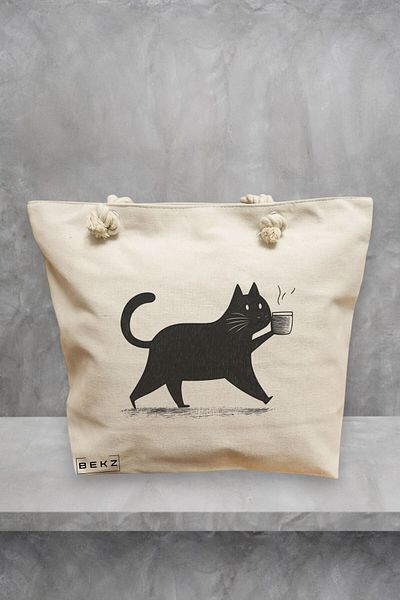 BEKZ Geanta de plaja, model Caffeine Cat, 40x51 cm, Crem, BEKZ®