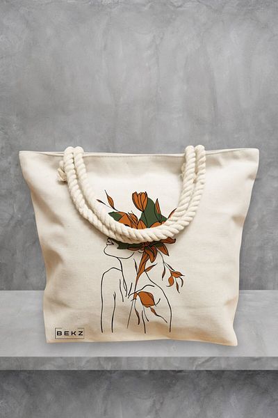 BEKZ Geanta de plaja, Flower Lady 6, 40x51 cm, Crem, BEKZ®