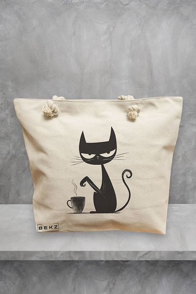 BEKZ Geanta de plaja, model Caffeine Cat 2, 40x51 cm, Crem, BEKZ®