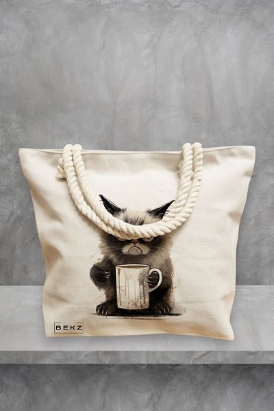BEKZ Geanta de plaja, model Lazy Cat, 40x51 cm, Crem, BEKZ®