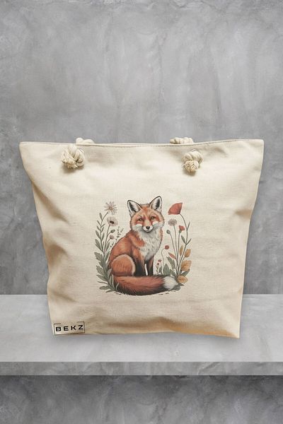 BEKZ Geanta de plaja, model Foxy and flowers 3, 40x51 cm, Crem, BEKZ®