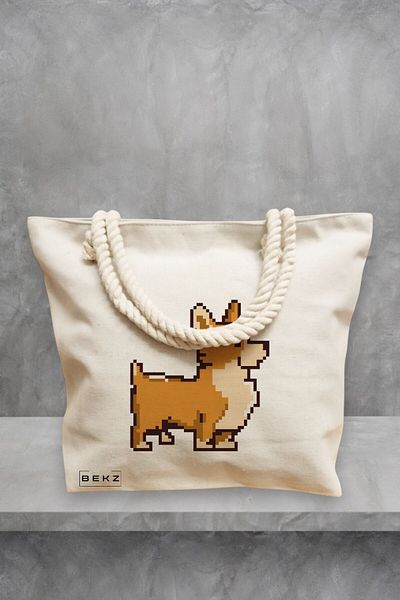 BEKZ Geanta de plaja, model 8bit Doggo, 40x51 cm, Crem, BEKZ®