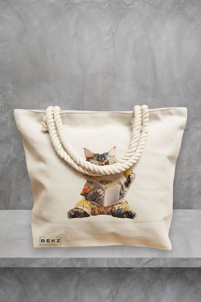 BEKZ Geanta de plaja, model Reading cat 4, 40x51 cm, Crem, BEKZ®
