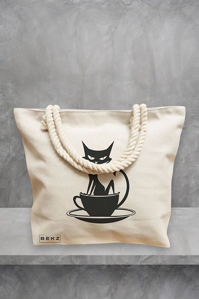 BEKZ Geanta de plaja, model Caffeine Cat 11, 40x51 cm, Crem, BEKZ®