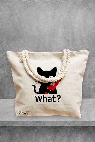 BEKZ Geanta de plaja, model Funny Black Cat, 40x51 cm, Crem, BEKZ®