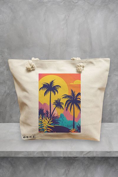 BEKZ Geanta de plaja, model Tropical Sunset, 40x51 cm, Crem, BEKZ®