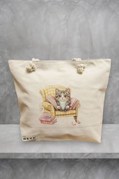 BEKZ Geanta de plaja, model Reading cat 7, 40x51 cm, Crem, BEKZ®