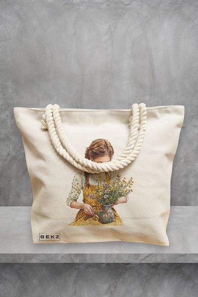 BEKZ Geanta de plaja, model The Girl with the flower pot, 40x51 cm, Crem, BEKZ®