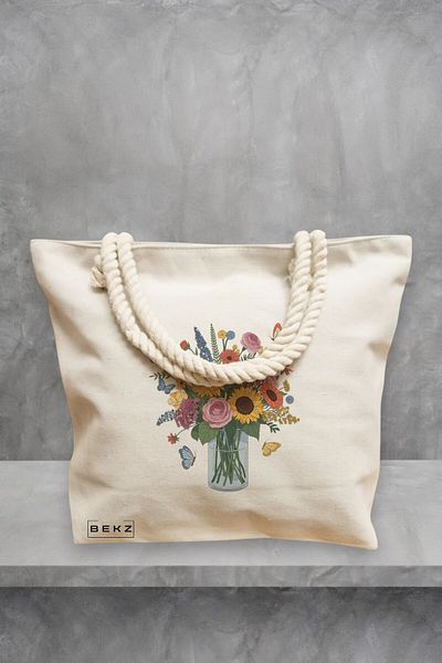 BEKZ Geanta de plaja, model Flowers 21, 40x51 cm, Crem, BEKZ®