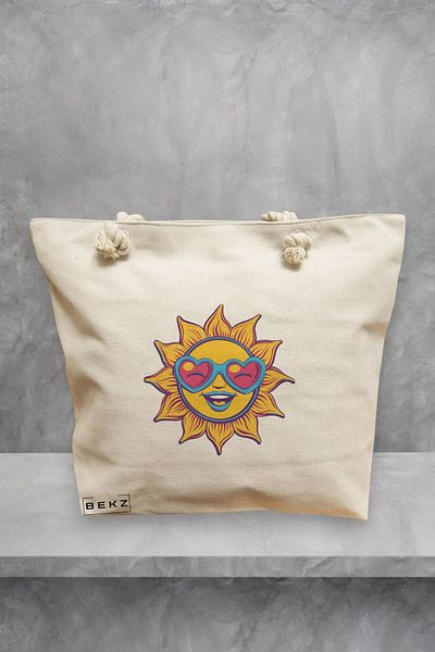 BEKZ Geanta de plaja, model Sun faces 21, 40x51 cm, Crem, BEKZ®