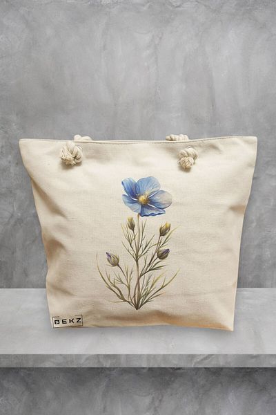 BEKZ Geanta de plaja, model Blue Flower 3, 40x51 cm, Crem, BEKZ®