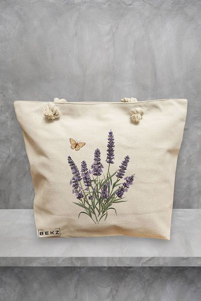 BEKZ Geanta de plaja, model Flowers 11, 40x51 cm, Crem, BEKZ®