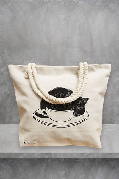 BEKZ Geanta de plaja, model Caffeine Cat 22, 40x51 cm, Crem, BEKZ®