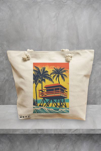 BEKZ Geanta de plaja, model Tropical Sunset 4, 40x51 cm, Crem, BEKZ®