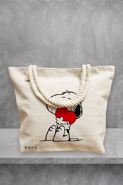 BEKZ Geanta de plaja, model Doggo Love, 40x51 cm, Crem, BEKZ®