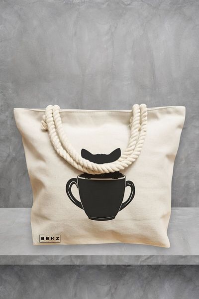 BEKZ Geanta de plaja, model Caffeine Cat 15, 40x51 cm, Crem, BEKZ®
